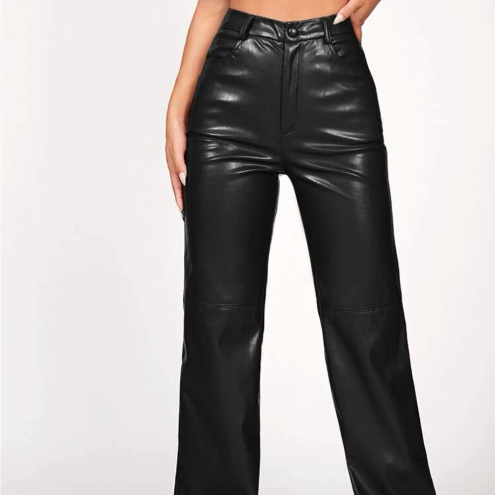 SHEIN Petite Black Leather Straight Leg Pants - XS